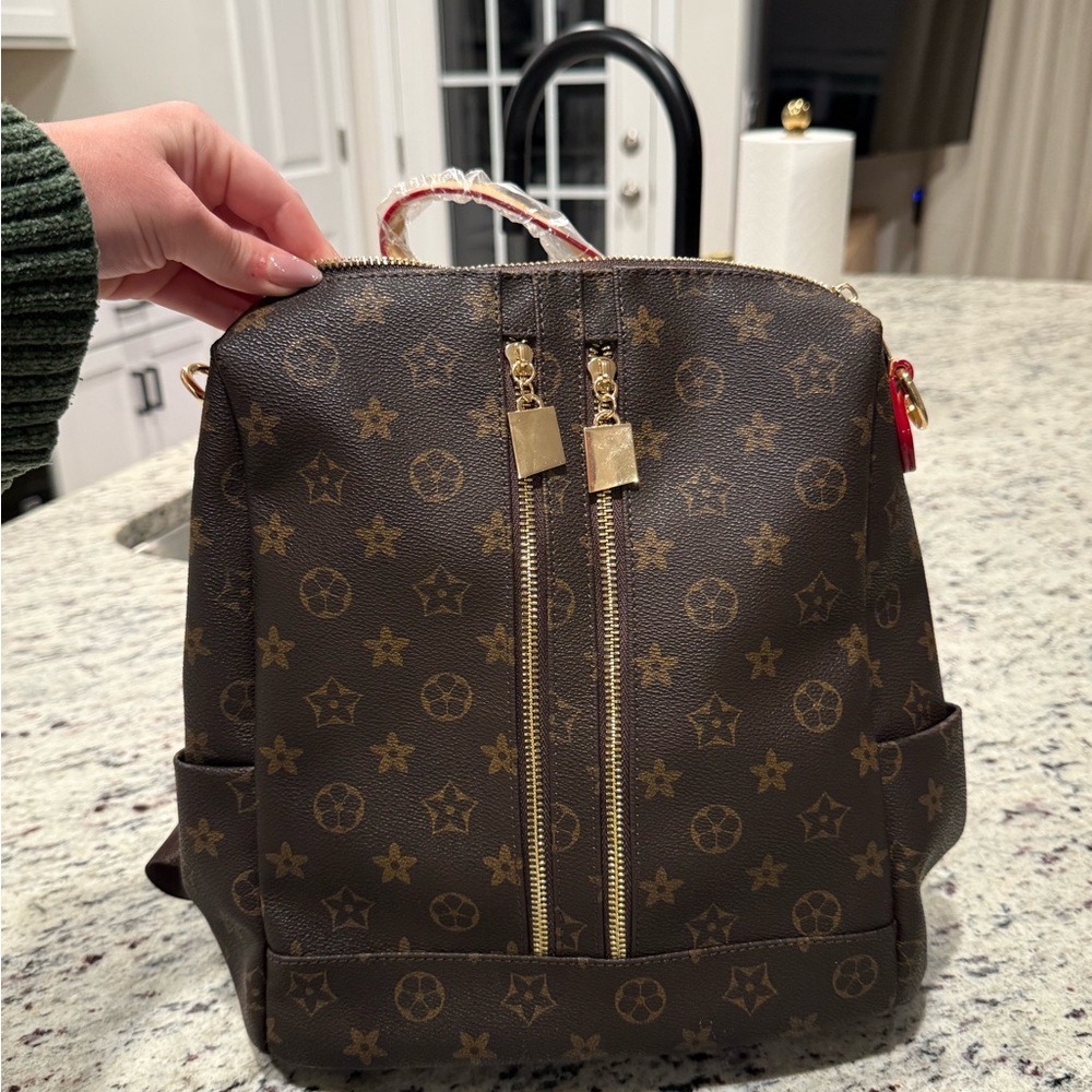 Louis Vuitton Inspired Designer-Style Brown Monogram Backpack Purse